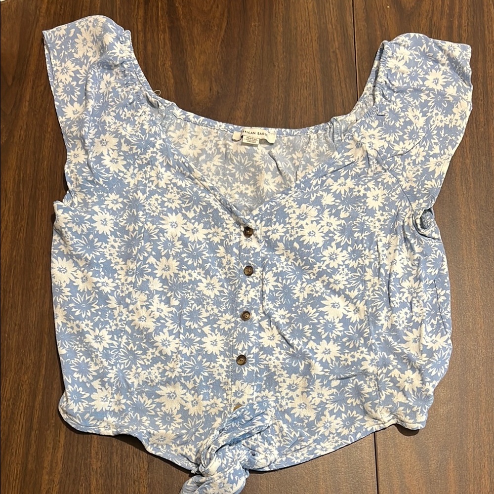 American Eagle Outfitters Blue and White Crop Blouse